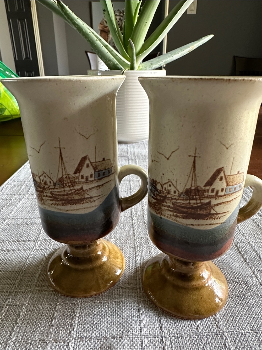 Vintage Otagiri Coastal Ceramic Footed Mugs in Cream and Brown - Set of 2